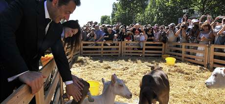 Nicolas a Carla Sarkozyovi si hladí kozu na Champs Elyseés, kde probíhaly obí trhy.